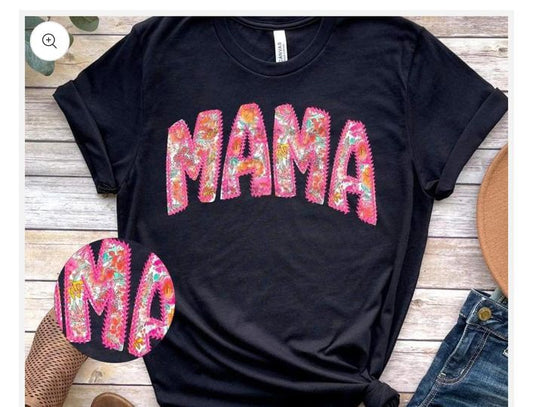 Mama Floral Faux Embroidery T Shirt