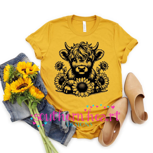 Sunflower Highland Cow T shirt